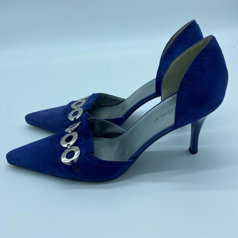 Blue Suede BCB Girls Heels With Silver Embellishment